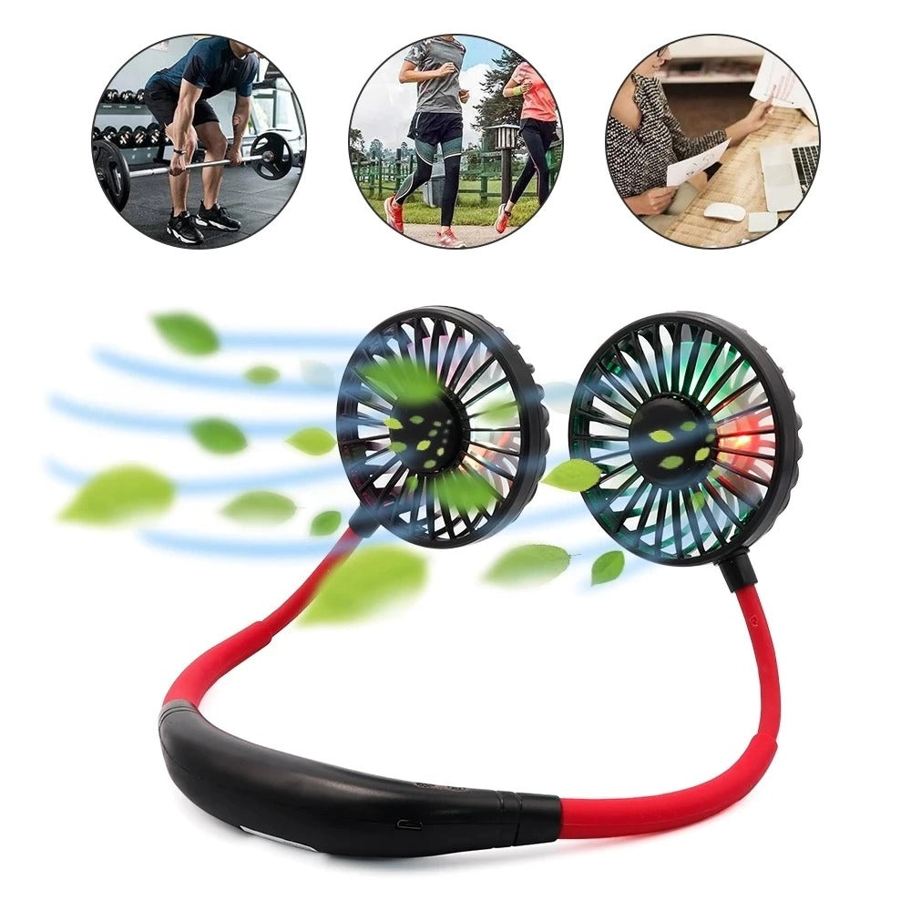 Mini portable hanging neck fan USB rechargeable double fan cooler